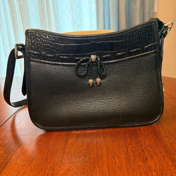 Brighton Emma Embossed Croc Pebbled Leather Shoulder Bag Adjustable Strap Black - Picture 1 of 15